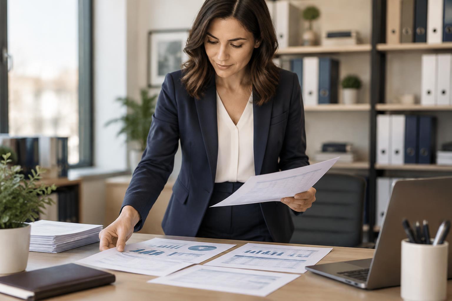 Accounting professional organising financial statements in a modern office